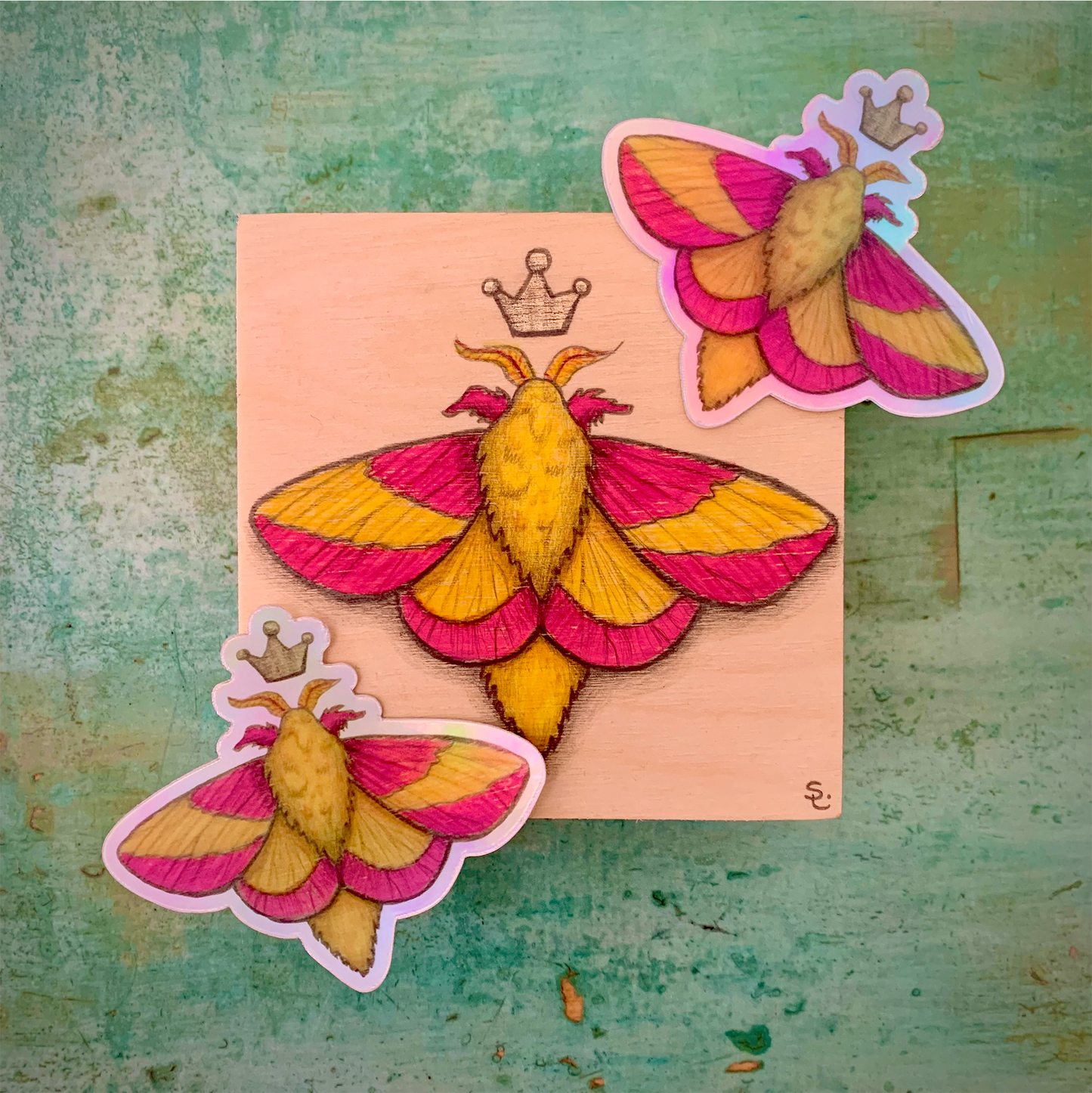 Rosy Maple Moth Holographic Vinyl Sticker