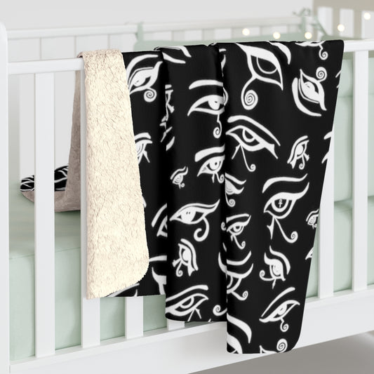 Eye of Death - White on Black Sherpa Fleece Blanket 50 x 60